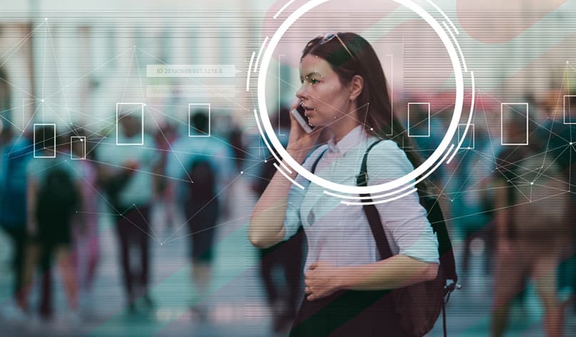 Commuter on the phone with a data overlay